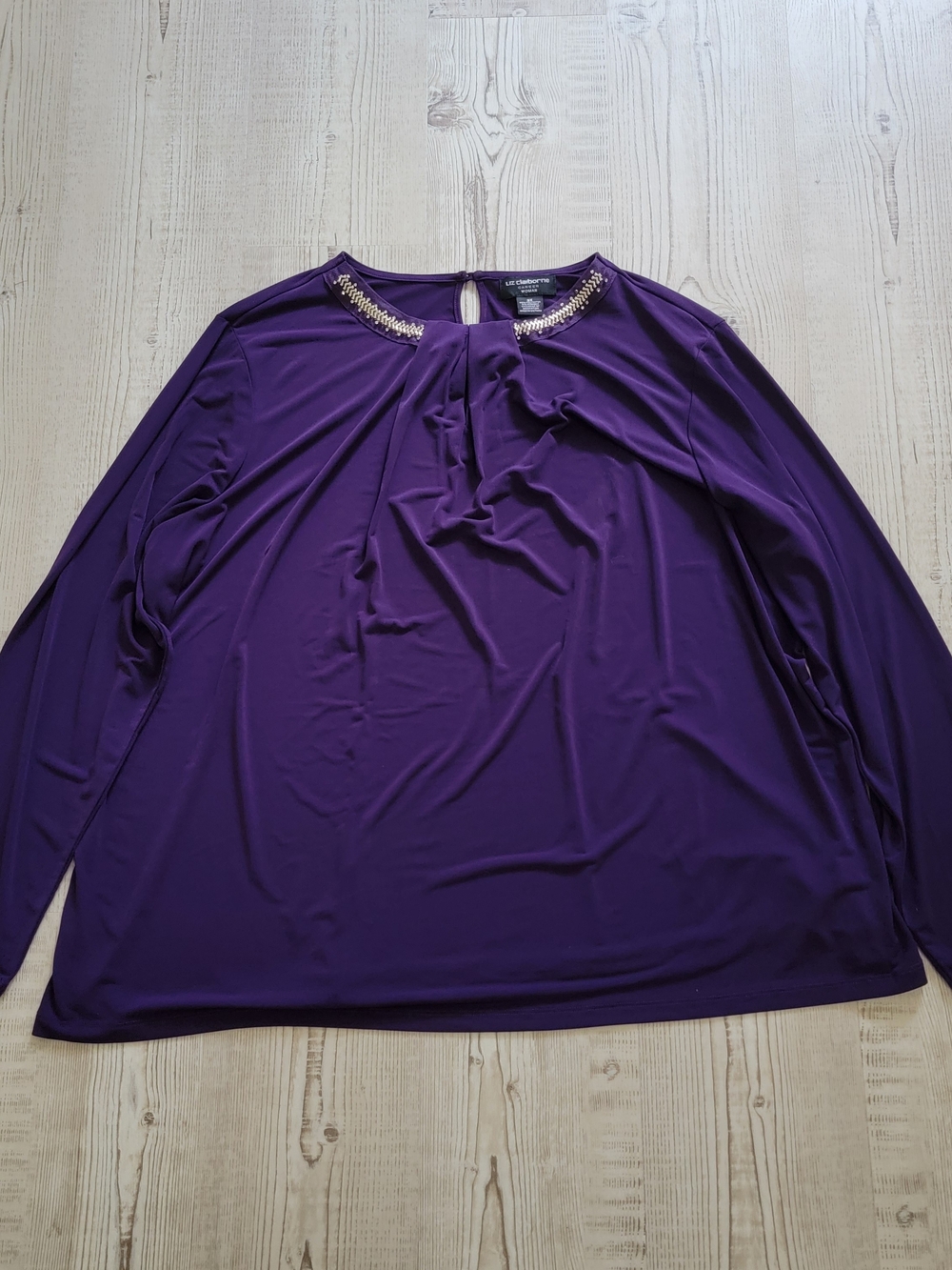 Liz Claiborne Career Woman Deep Purple Long-Sleeve Top with Beaded Neck Size 3X